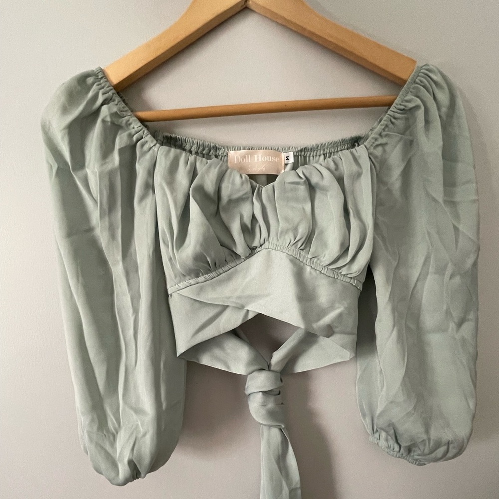 Doll House Boutique - Off the shoulders - backless - sage top